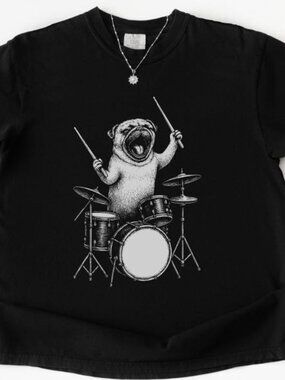 Pug Playing Drums Shirt, Funny Dog Music Retro 90s Tee